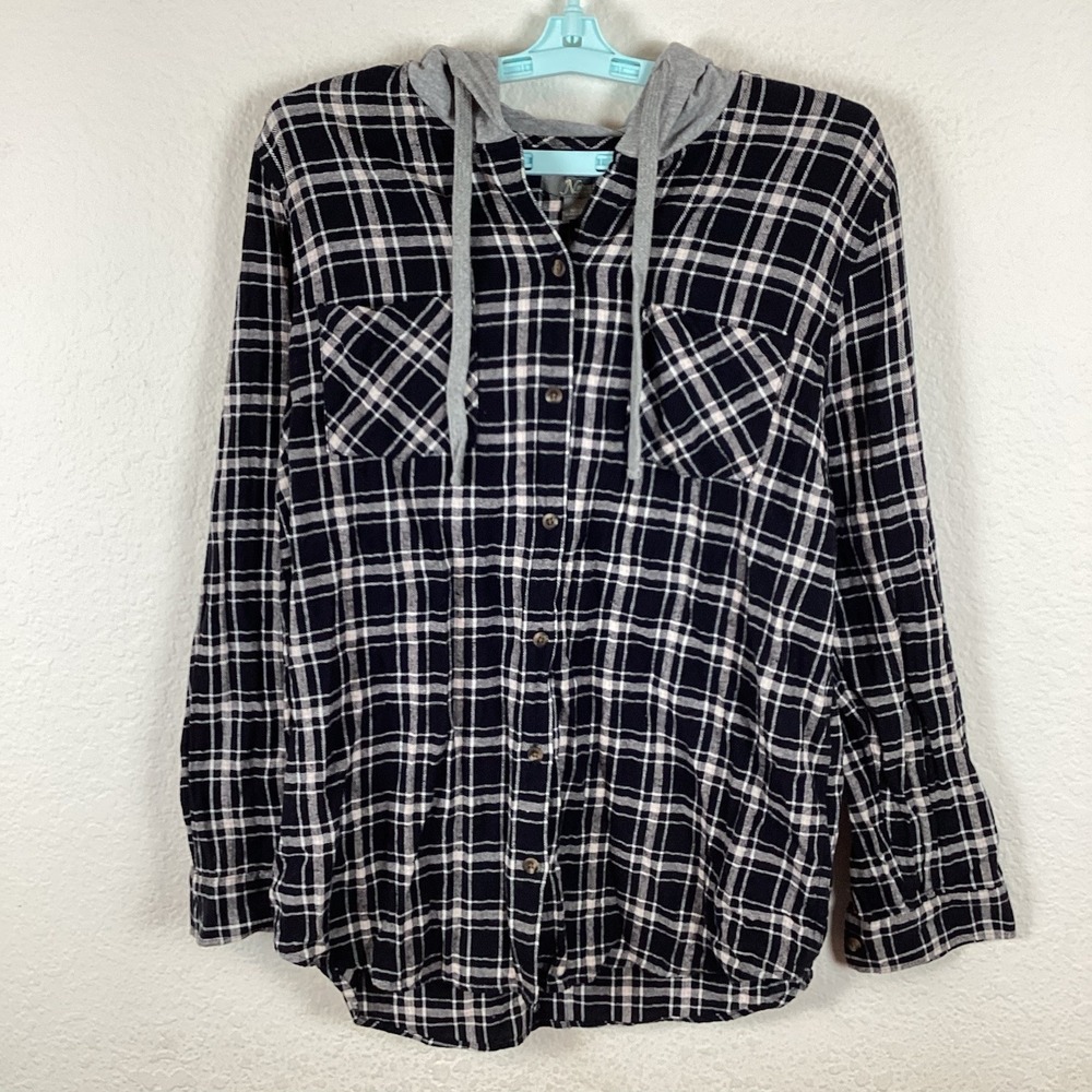 Natural Reflections Mens Button Up Shirt Sz L Hood Long Sleeve Plaid Excellent